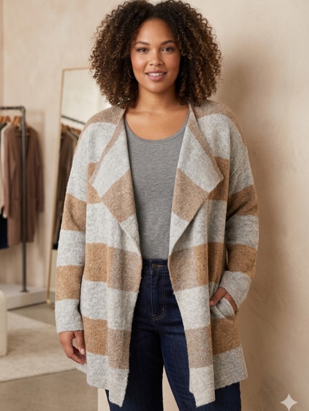 Lane Bryant Womens Plus Tan Gray Stripe Open Cardigan Pockets Cozy Sweater